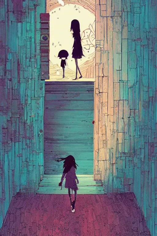 Prompt: a girl walking to a giant wooden door with archaic symbols embedded onto, digital art, very graphic illustration by pascal campion and moebius and victo ngai, colorful comics style