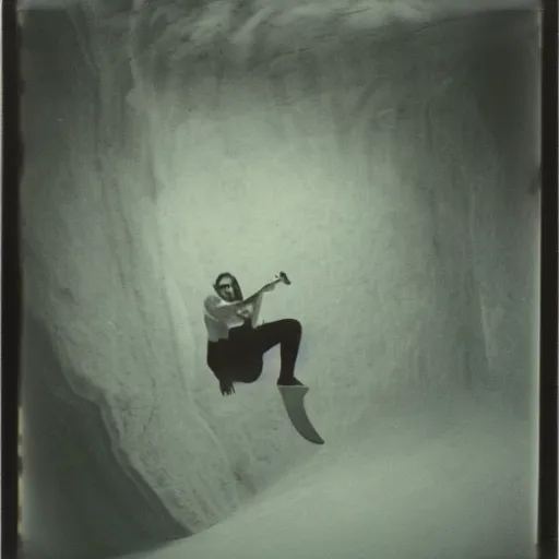Image similar to a dive bard inside of a cave, old polaroid, expired film,