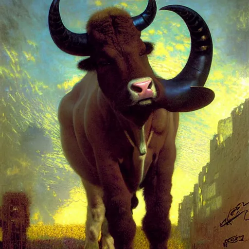 Image similar to portrait of a female furry bull cow in a police uniform. shadowrun furaffiniy cyberpunk fantasy highly detailed painting by gaston bussiere craig mullins jc leyendecker gustav klimt artgerm greg rutkowski john berkey, bergey, craig mullins, ruan jia, raymond swanland, jeremy mann, tom lovell, alex malveda