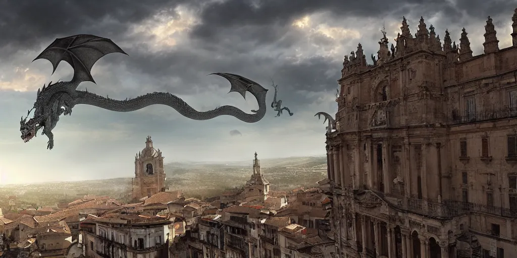 Image similar to the monumental city of caceres with a dragon flying over it, dramatic lighting, cinematic, extremly high detail, photorealistic, cinematic lighting, post processed, concept art, artstation, matte painting, style by greg rutkowsky