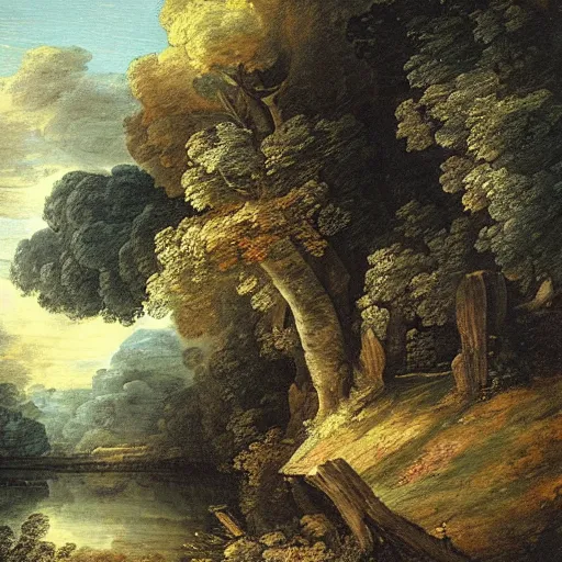 Prompt: landscape painting by nicholas pussin, thomas gainsborough, claude lorrain, dramatic, cinematic, picturesque, beautiful, grandiose, serene