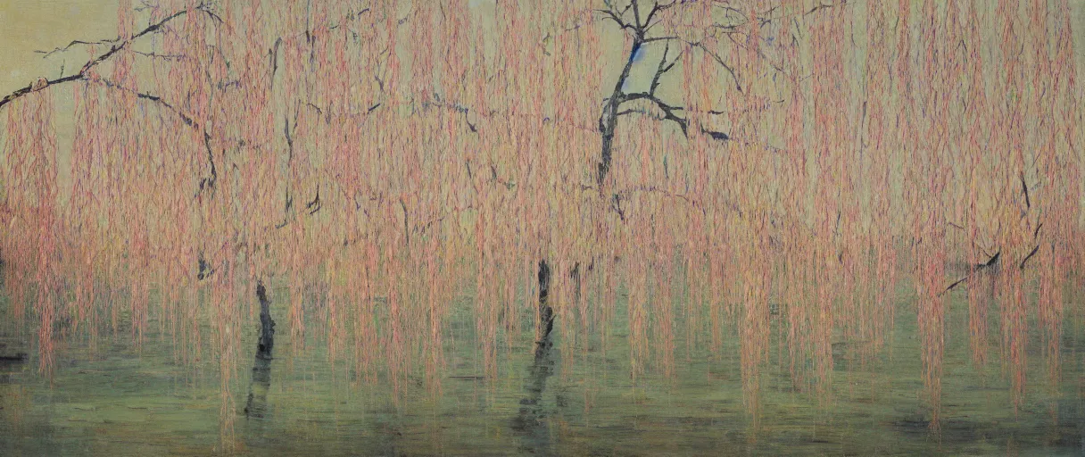 Image similar to A gentle breeze blows the willow trees in early spring , abstract, oil painting, by Zhao Wuji