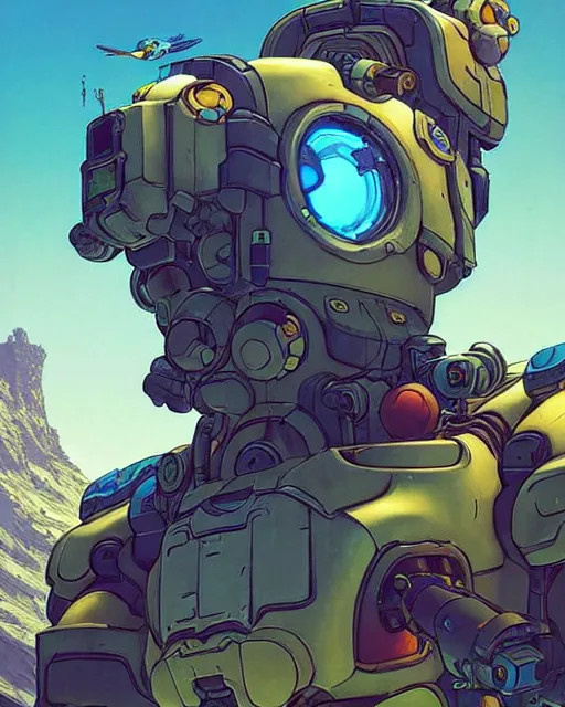 Image similar to bastion from overwatch, pet bird, character portrait, portrait, close up, concept art, intricate details, highly detailed, vintage sci - fi poster, retro future, in the style of chris foss, rodger dean, moebius, michael whelan, katsuhiro otomo, and gustave dore