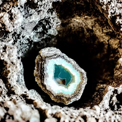 Image similar to photography of a geode with a a small body of an alien skellet inside it