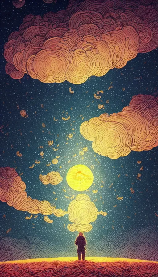 Image similar to harvest moon floating on cosmic cloudscape full of million fireflies, futurism, dan mumford, victo ngai, kilian eng, da vinci, josan gonzalez