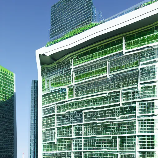 Image similar to building architecture of 2 0 2 5, modern, sleek, clean, green, brightly lit, 8 k, intricate, highly detailed