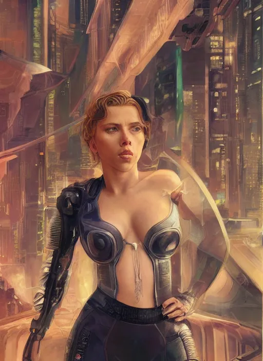 Image similar to full length photo of scarlett johansson the cover of sports illustrated 1 9 6 5, cyberpunk, science fiction, intricate, elegant, highly detailed, digital painting, artstation, concept art, matte, sharp focus, illustration, hearthstone, art by artgerm and greg rutkowski and alphonse mucha