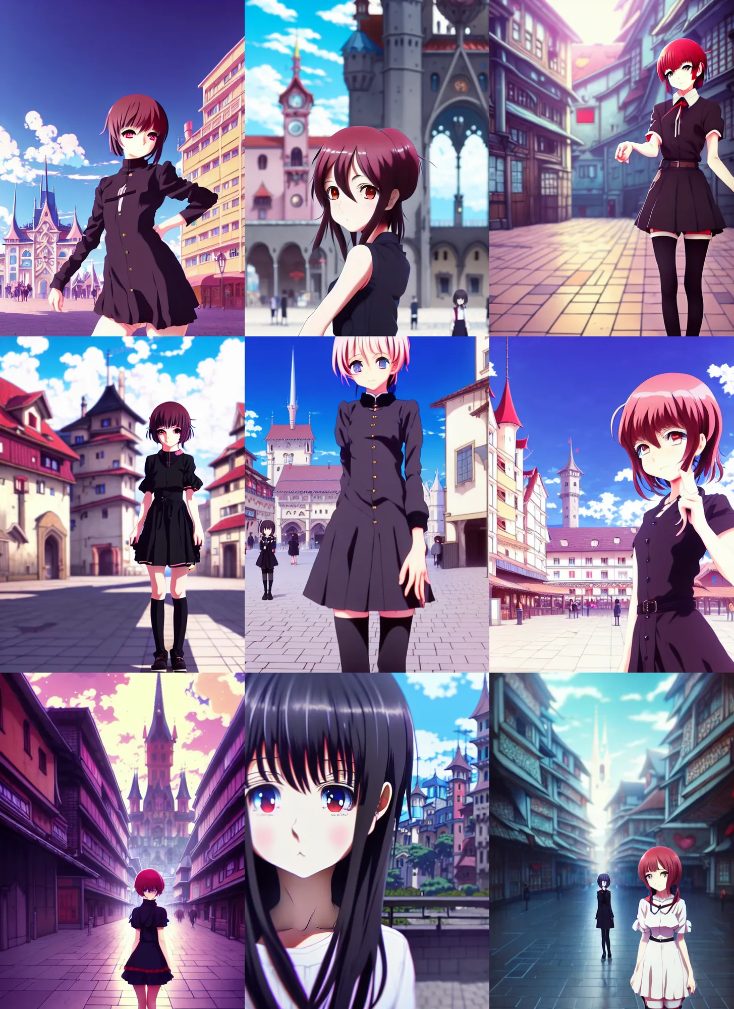 Prompt: anime frames, anime visual, full body portrait of a young woman in the medieval city square looking at the fantasy palace in the distance, cute face by ilya kuvshinov, dynamic pose, dynamic perspective, rounded eyes, moody, psycho pass, kyoani, yoh yoshinari