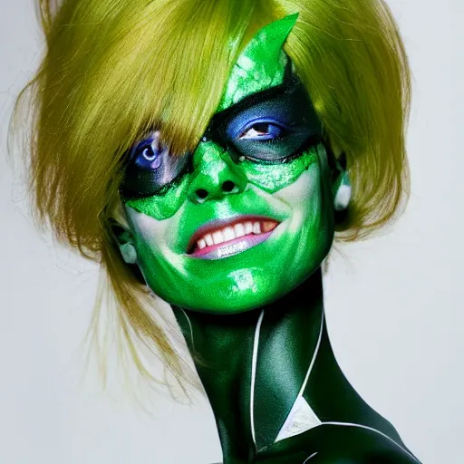 Image similar to A beautiful portrait of Daria Strokous smiling as Poison Ivy from Batman as a Versace fashion model Spring/Summer 2010, highly detailed, in the style of cinematic, Getty images, Milan fashion week backstage, Extreme close up, Makeup by Pat McGrath, Hair by Guido Palau, Greg rutkowski