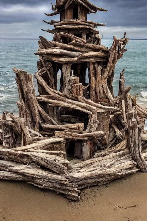 Prompt: A photo of a magical temple made out of driftwood