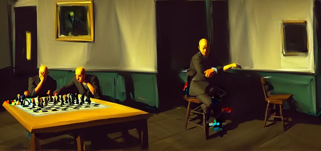 Prompt: time will tell on their power minds, making war just for fun, treating people just like pawns in chess, wait till their judgement day comes highly detailed oil painting, by francis bacon, edward hopper, adrian ghenie, glenn brown, soft light 4 k, cinematic composition, cinematic lighting, masterpiece