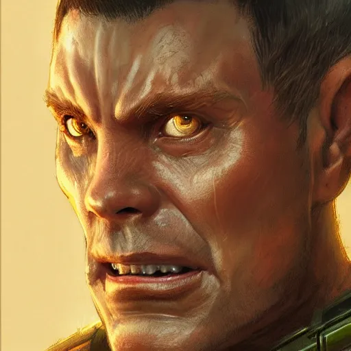 Image similar to the doomguy as a realistic d & d fantasy character, closeup portrait art by donato giancola and greg rutkowski, vintage retro, realistic face, digital art, trending on artstation, symmetry!!