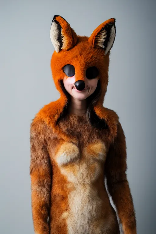 Image similar to photo of a woman in a realistic fox fursuit body, with her head exposed, in a photo studio, studio photography