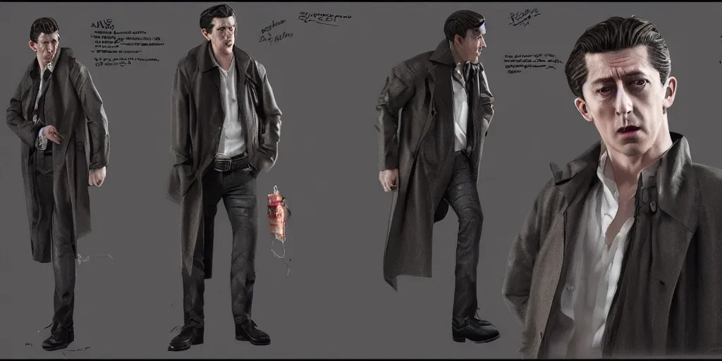 Image similar to alex turner as john constantine, character sheet, concept design, contrast, hot toys, kim jung gi, greg rutkowski, zabrocki, karlkka, jayison devadas, trending on artstation, 8 k, ultra wide angle, pincushion lens effect