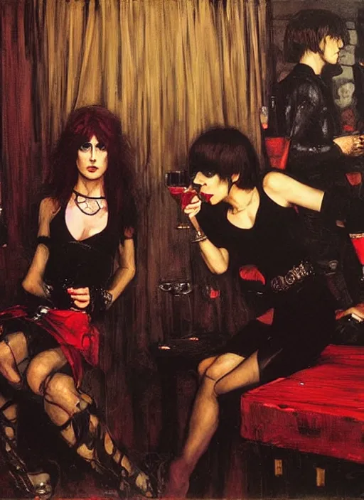 Prompt: glam rockers drinking brutal and raw wine, inside a green room with red lights by john william waterhouse, phil hale, extremely detailed