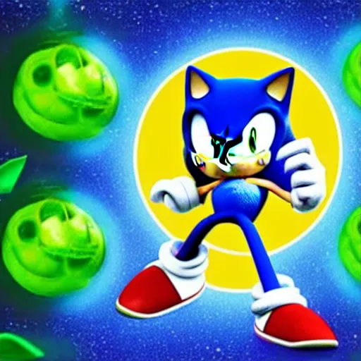 Prompt: sonic the hedgehog in an alien world made of peas