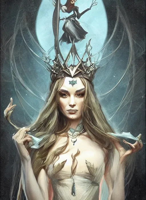 Image similar to tarot!!, fairy queen, fantasy medieval, no noise, elegant, concept art, sharp focus, beautiful face!!, digital art, smooth defined outlines!!, by Brom, trending on Artstation, Tom Bagshaw, Sargent