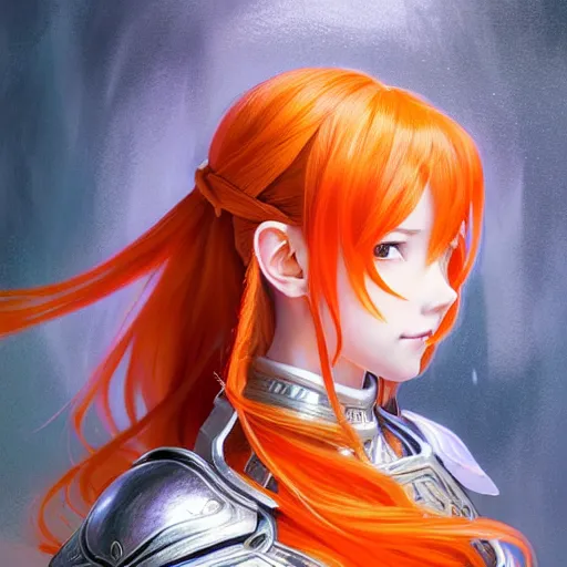 Prompt: Asuna Yuuki, Portrait of a girl with orange hair wearing a partial paladin armor with a red skirt and white top, face, fantasy, intricate, elegant, highly detailed, digital painting, artstation, concept art, smooth, sharp focus, illustration, art by Fernanda Suarez and Artem Demura and alphonse mucha