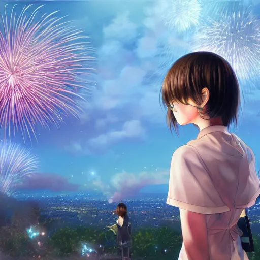 Image similar to girl watching watching fireworks on a hill, digital art, by range murata, akiyuki shinbou, highly detailed, realistic, cinematic, bold colours, photorealism, 4 k