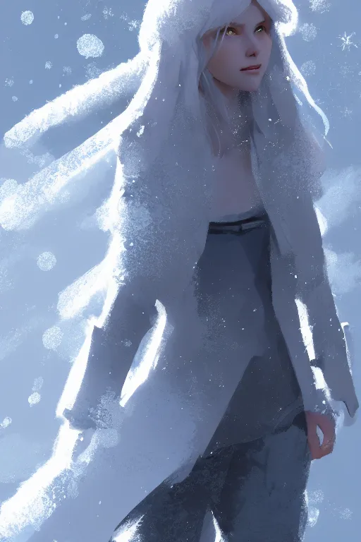 Prompt: character sheet for a white long haired female for futuristic fashion brand in the mountains with snow impact by craig mullins, by studio ghibli, digital art, trending on artstation, hd, 8 k, highly detailed, good lighting, beautiful, snowfall, masterpiece