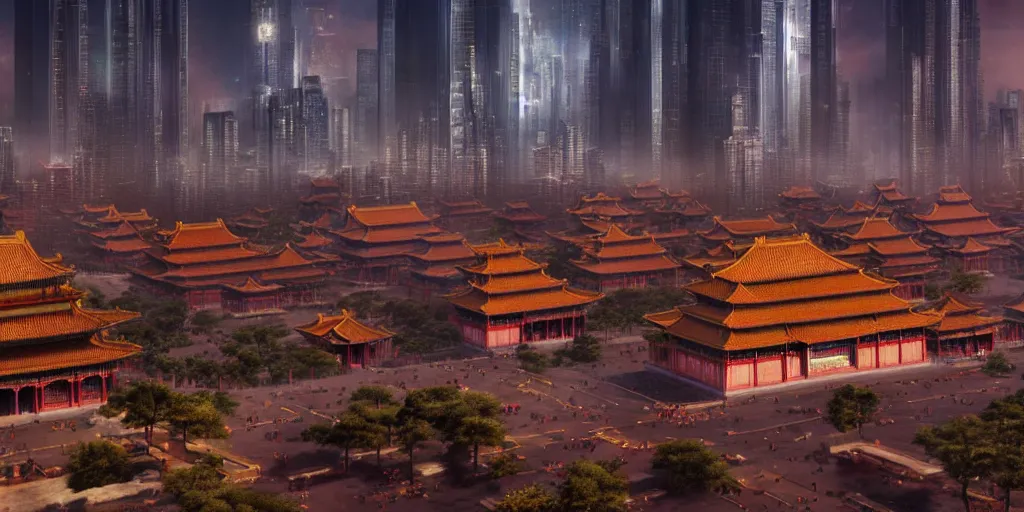 Prompt: a very high resolution image from a new movie, forbidden city in front of the towering skyscrapers, cyberpunk building, in the night, brightly lit, fantasy, wideshot, photorealistic, photography, directed by wes anderson, octane render sci - fi, engine room, digital art, highly detailed