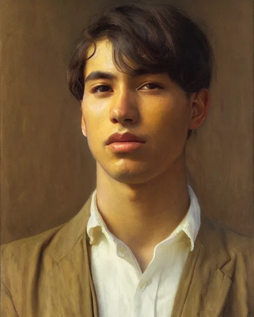 Image similar to young handsome peruvian man, portrait painting by richard schmid, edgar maxence, kehinde wiley, thomas moran, maxfield parrish, studio ghibli, loish, alphonse mucha, fashion photography