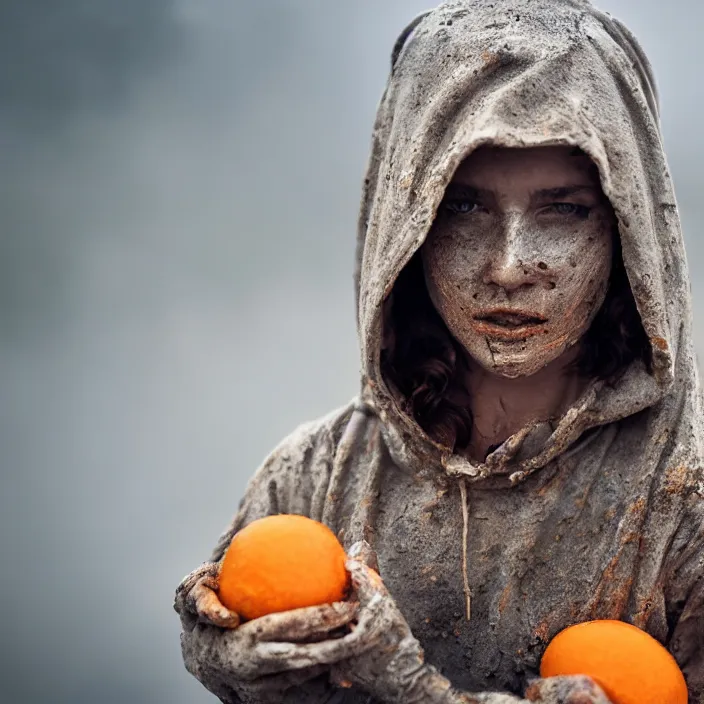 Prompt: a closeup portrait of a woman wearing a hood made of muddy hazmat hood, picking oranges from a tree in an orchard, foggy, moody, photograph, by vincent desiderio, canon eos c 3 0 0, ƒ 1. 8, 3 5 mm, 8 k, medium - format print