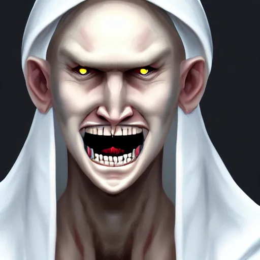 Prompt: Pale-skinned man with a pinched face, crazed eyes, and a strained toothy grin. He has short blond unwashed hair. He wears a white oversized cultist robe that is dirty and stained. Epic fantasy art, award winning on Artstation.