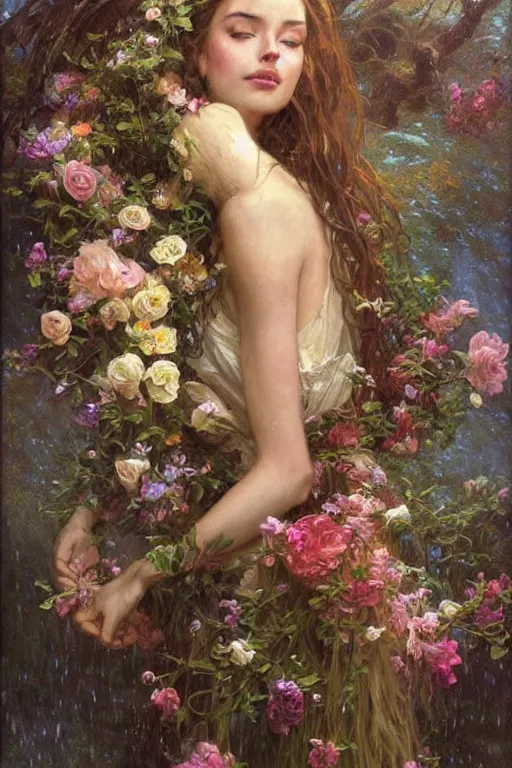 Image similar to portrait of a beautiful mysterious woman holding a bouquet of flowing flowers, wet dripping long hair, hands hidden under the bouquet, emerging from the water, fantasy, regal, intricate, by stanley artgerm lau, greg rutkowski, thomas kindkade, alphonse mucha, loish, norman rockwell