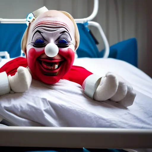 Prompt: laughing clown lying in hospital bed with wrist restraints on, restraint fabric straps attached to hospital bed, photograph, 8 k