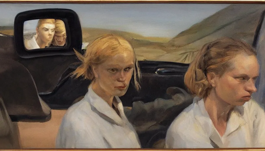 Image similar to painting by borremans, man back standing in front on the mirror and blond woman in cabriolet car sitting, detailed, stunning