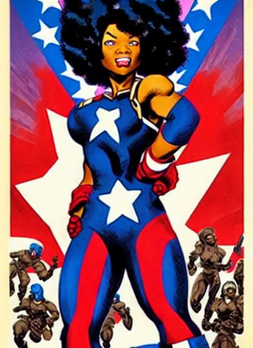 Image similar to beautiful black female captain america. afro - feminist captain america wins wwii. american wwii propaganda poster by james gurney, rob liefeld and pixar. gorgeous face. overwatch, realistic. black power