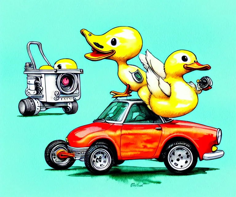 Image similar to cute and funny, duckling driving a tiny hot rod with an oversized engine, ratfink style by ed roth, centered award winning watercolor pen illustration, isometric illustration by chihiro iwasaki, edited by craola, tiny details by artgerm and watercolor girl, symmetrically isometrically centered