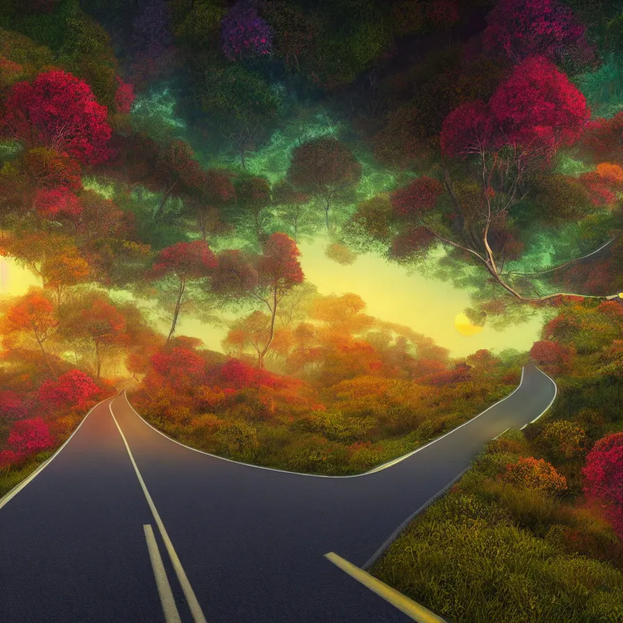 Image similar to surreal semiabstract artwork of a highway road leading to the horizon through a thick forest down a rocky mountain coast towards the sunset. atmospheric good vibes. colorful psychedelic, ultra realistic, concept art, modern art, photorealistic, octane render, 8 k, unreal engine. art by nori inoguchi and sam kaplan and zachary goulko and christopher marley