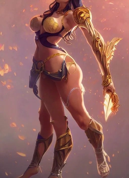 Image similar to character portrait of leona from league of legends, pinup pose, full body, hyper detailed, digital illustration, illustration, trending in artstation, cinematic lighting, studio quality, sharp focus, intricate, elegant, art style by alphonse mucha, klimt and nixeu, ian sprigger, wlop, krenz cushart, greg rutkowski