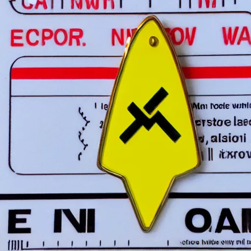 Prompt: a diamond enamel pin of a caution exclamation mark warning label, smooth curves