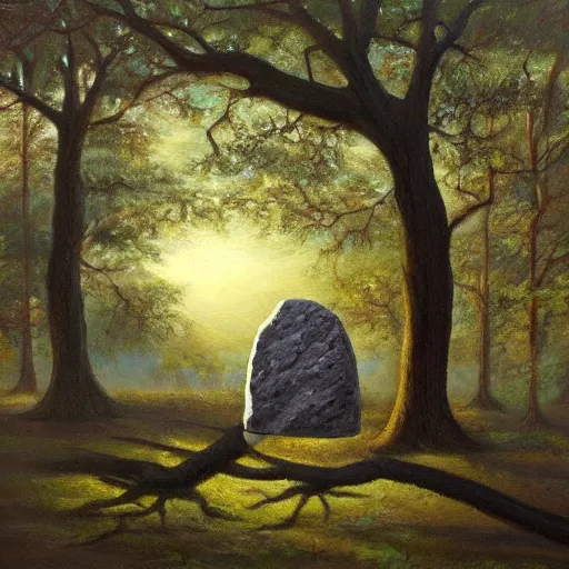 Image similar to a mysterious stone with magical symbols stands in the middle of a forest of ancient oaks, dawn, oil painting