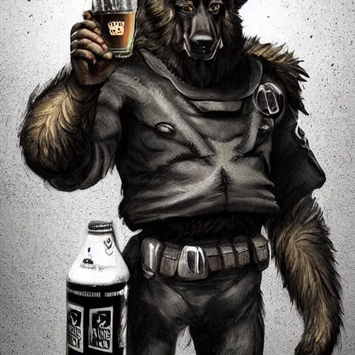 Image similar to a humanoid german shepherd beast - man in military style, holding a bottle of beer, artstation, concept art, smooth, sharp foccus ilustration, artstation