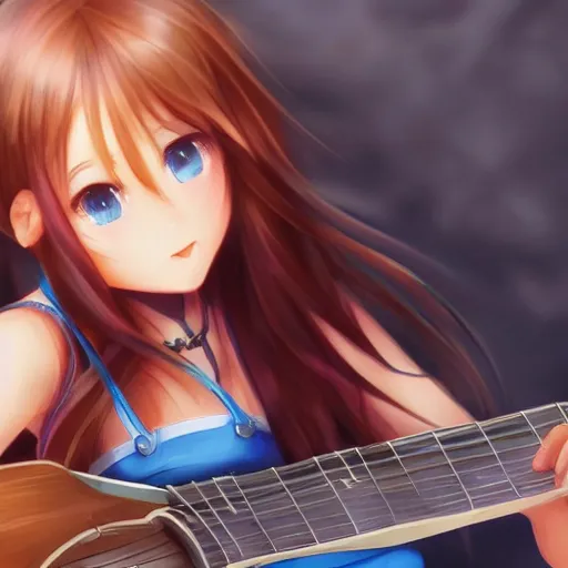 Image similar to a very beautiful little yuuki asuna playing guitar, full body, long wavy blond hair, sky blue eyes, full round face,, bikini, miniskirt, front view, mid - shot, highly detailed, cinematic wallpaper by stanley artgerm lau
