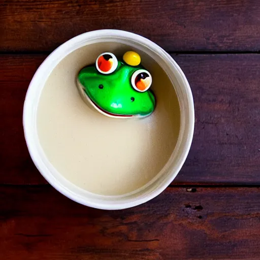 Prompt: cookbook photo of a bowl of milk with a frog sitting in it