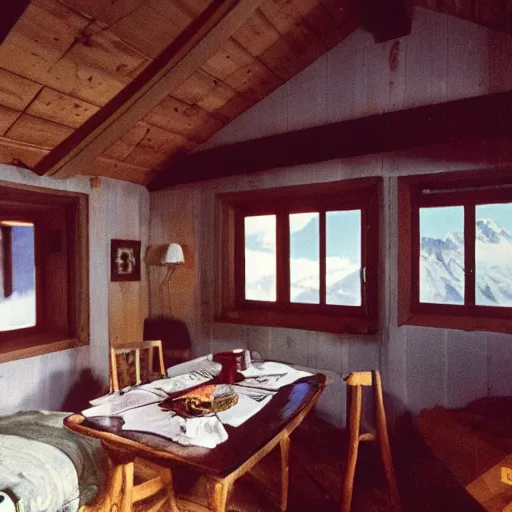 Image similar to a 3 5 mm kodachrome photo of a cozy cabin in the swiss alps in the 1 9 5 0's