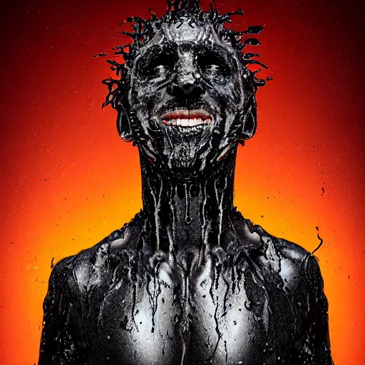 Prompt: man covered in black thick goo that transforms him into a monster, digital art, 3D, 4k HD, detailed, slimy, gooey, sticky