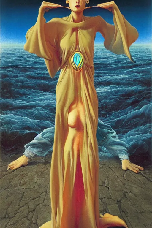 Image similar to gorgeous robed cult girl performing realism third eye ritual, expanding energy into waves into the ethos, epic surrealism 8k oil painting, portrait, depth of field, perspective, high definition, post modernist layering, by Ernst Fuchs, Gerald Brom