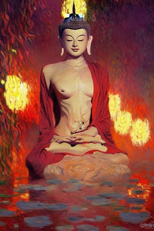 Image similar to buddhism, impressionnisme, painting by greg rutkowski, artgerm, claude monet