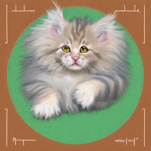 Prompt: a playful cream colored maine coon kitten is alone in a dark and dusty parlor. it plays with cat toys on a colorful round throw rug. 8 k, 4 k, digital art, artstation