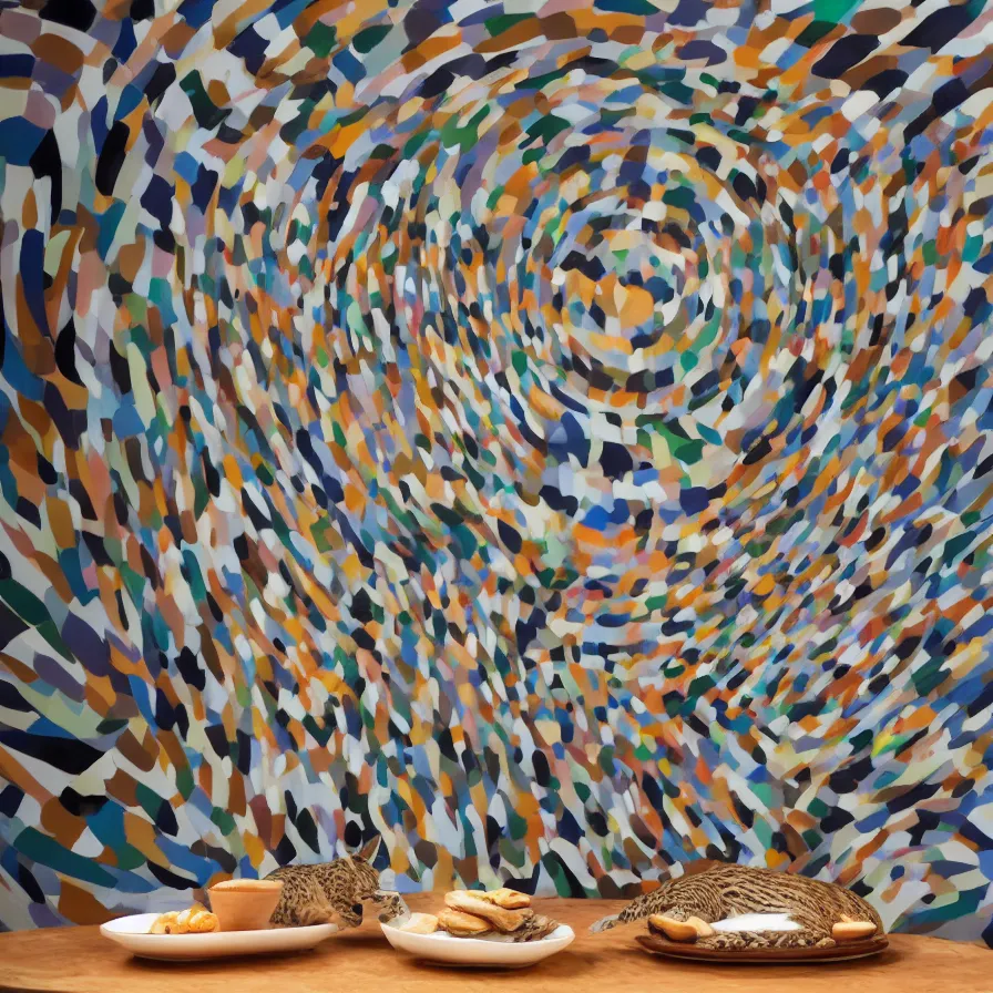 Prompt: beautiful gallery show studio photograph of a giant realistic curvy ceramic sculpture of a hungry bobcat!!!!!, glazed by bridget riley and victor vasarely, placed on a polished wooden table, colorful hyperrealism 8 k trending on artstation