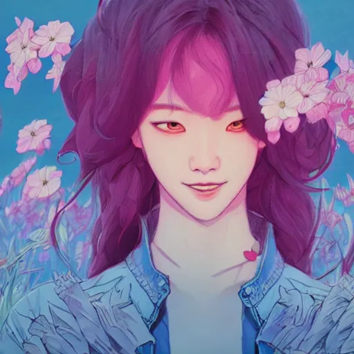 Image similar to portrait of a kpop star, smiling with flowers in hands. sharp focus, cinematic pose, cinematic lighting, unreal engine render. art by josan gonzales and moebius and deathburger.