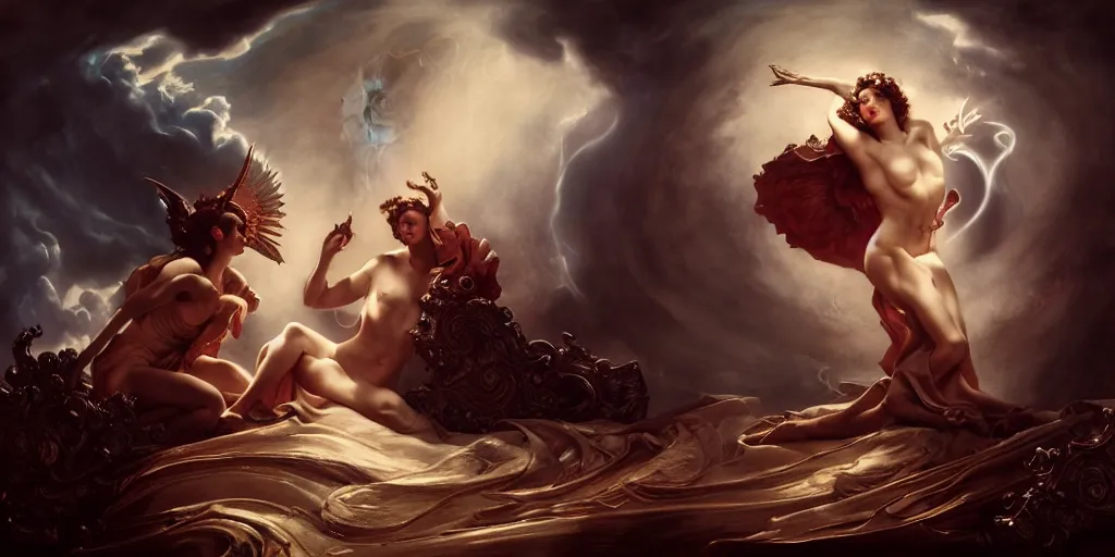 Prompt: The war between heaven and hell, by Rolf Armstrong and Evelyn De Morgan and Bastien Lecouffe-Deharme, dramatic lighting, high contrast colors, baroque, empyrean, panoramic view, as trending on Artstation, highly detailed, quake engine,