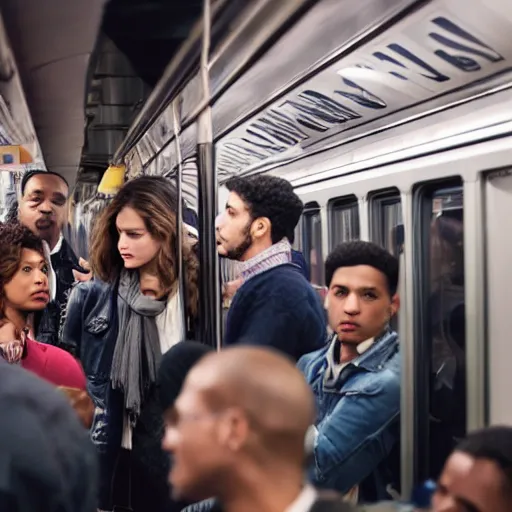 Prompt: A group of friends talking while standing inside a crowded compartment of the New York metro, cinematic, 4k, thriller