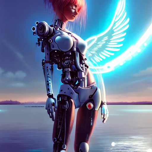 Image similar to a beautiful cyborg - angel girl standing on a lake, rainfall, biomechanical details, digital cyberpunk anime art, full body shot!!, reflections, lens flare, 1 6 k resolution, wlop!!, ilya kuvshinov, artgerm, krenz cushart, greg rutkowski